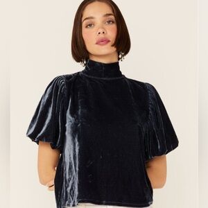 Free People Claudia Velvet Outerspace Blue Puff Sleeve Mock Neck Top Size S NWT